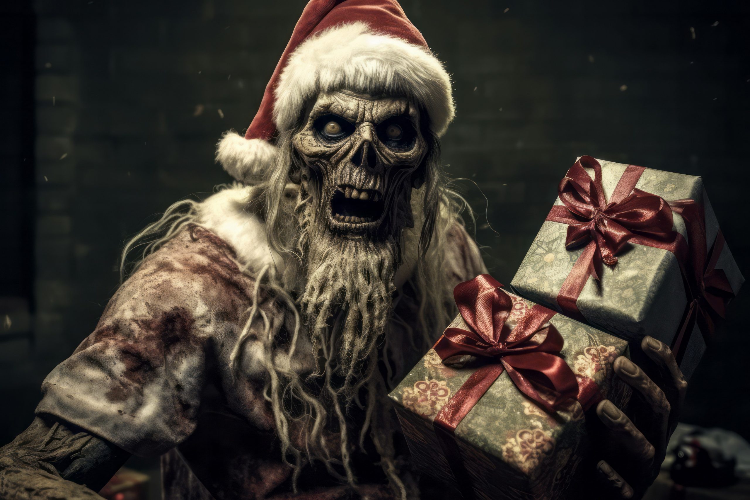 Horror zombie Santa Claus with gift box. Halloween and Christmas concept.